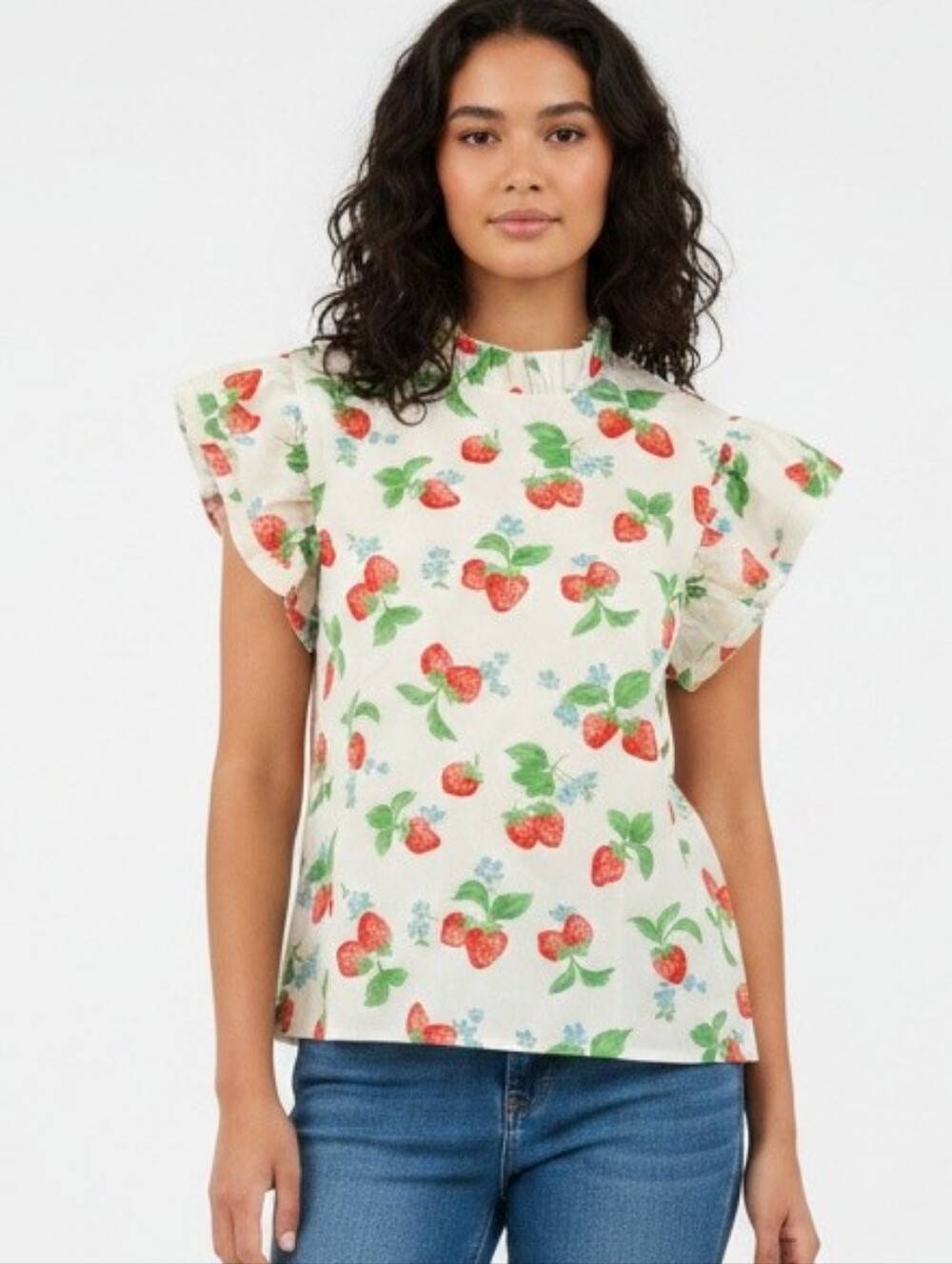 Adorable Strawberry Print Short-Sleeve Top With Flutter Sleeves
